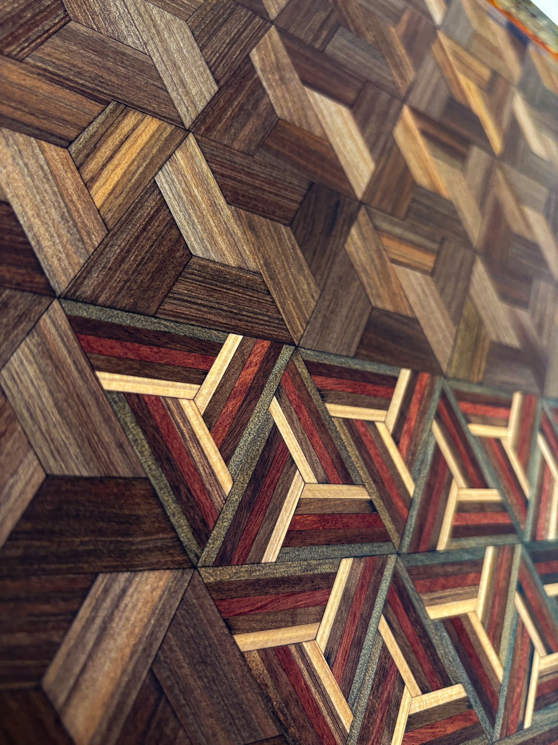 Close-up of Ono central triangular tessellation and coloured timber laminations