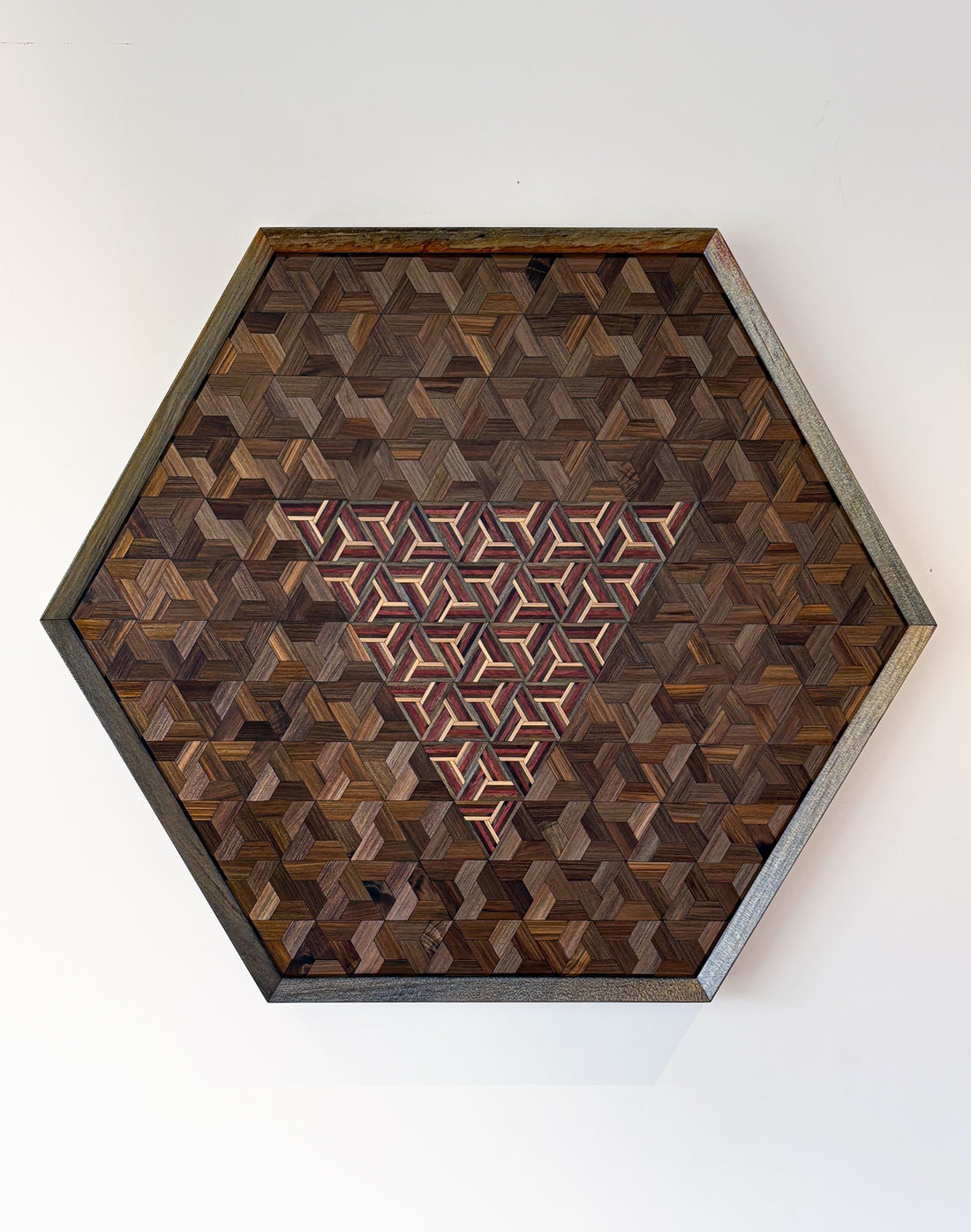 Ono hexagonal geometric timber assemblage, front view