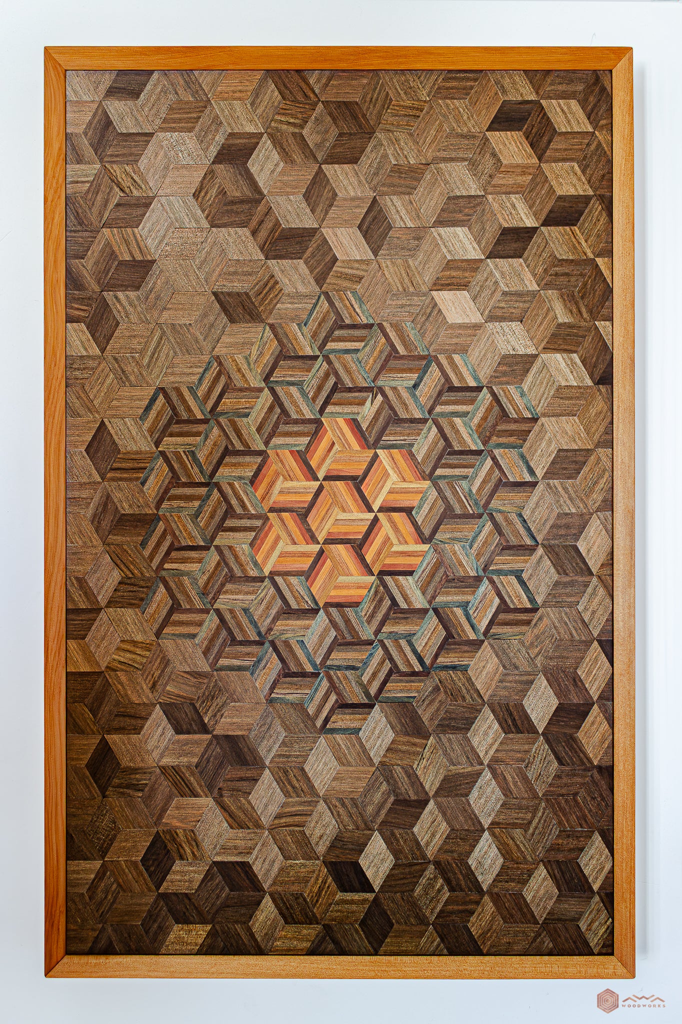 Close-up of Rima’s 897-piece geometric pattern of river-recovered timbers