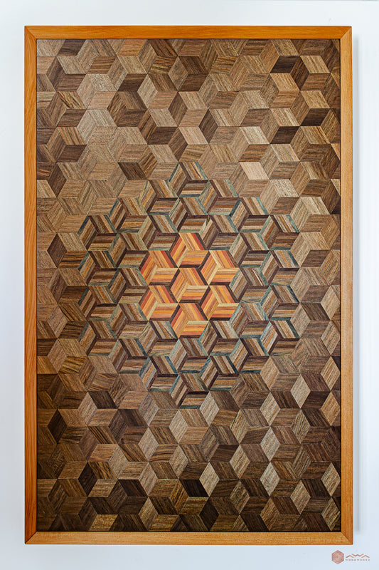 Close-up of Rima’s 897-piece geometric pattern of river-recovered timbers