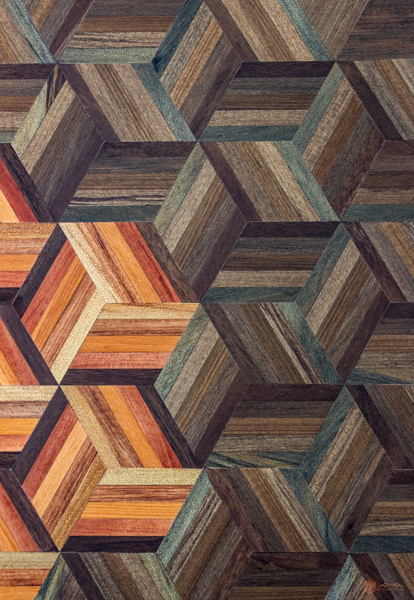 Macro view of geometric inlay on Rima made from River Kauri, River Rimu, River Tōtara, River Matai and River Pururi